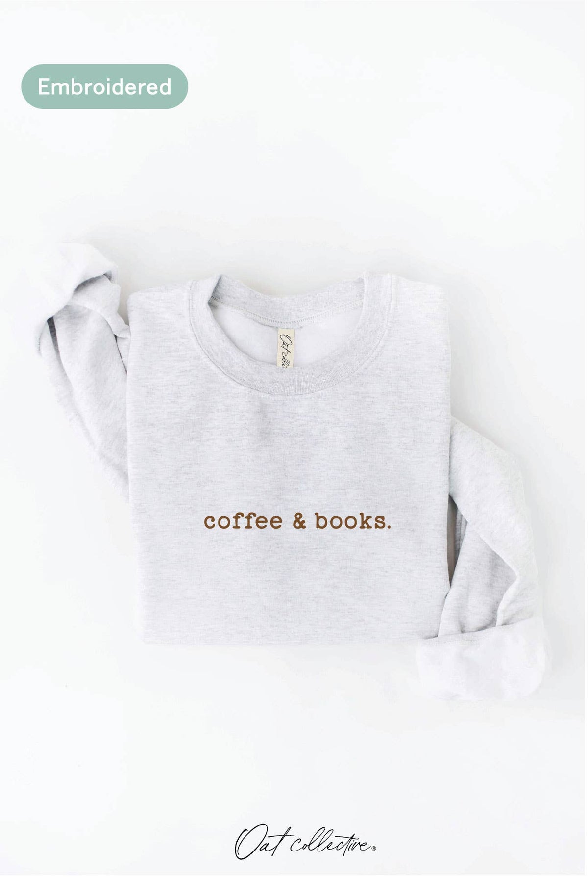 OAT COLLECTIVE - EMBROIDERED COFFEE AND BOOKS Sweatshirt Pullover Relaxed Fit: VINTAGE WHITE LONG SLEEVE / L