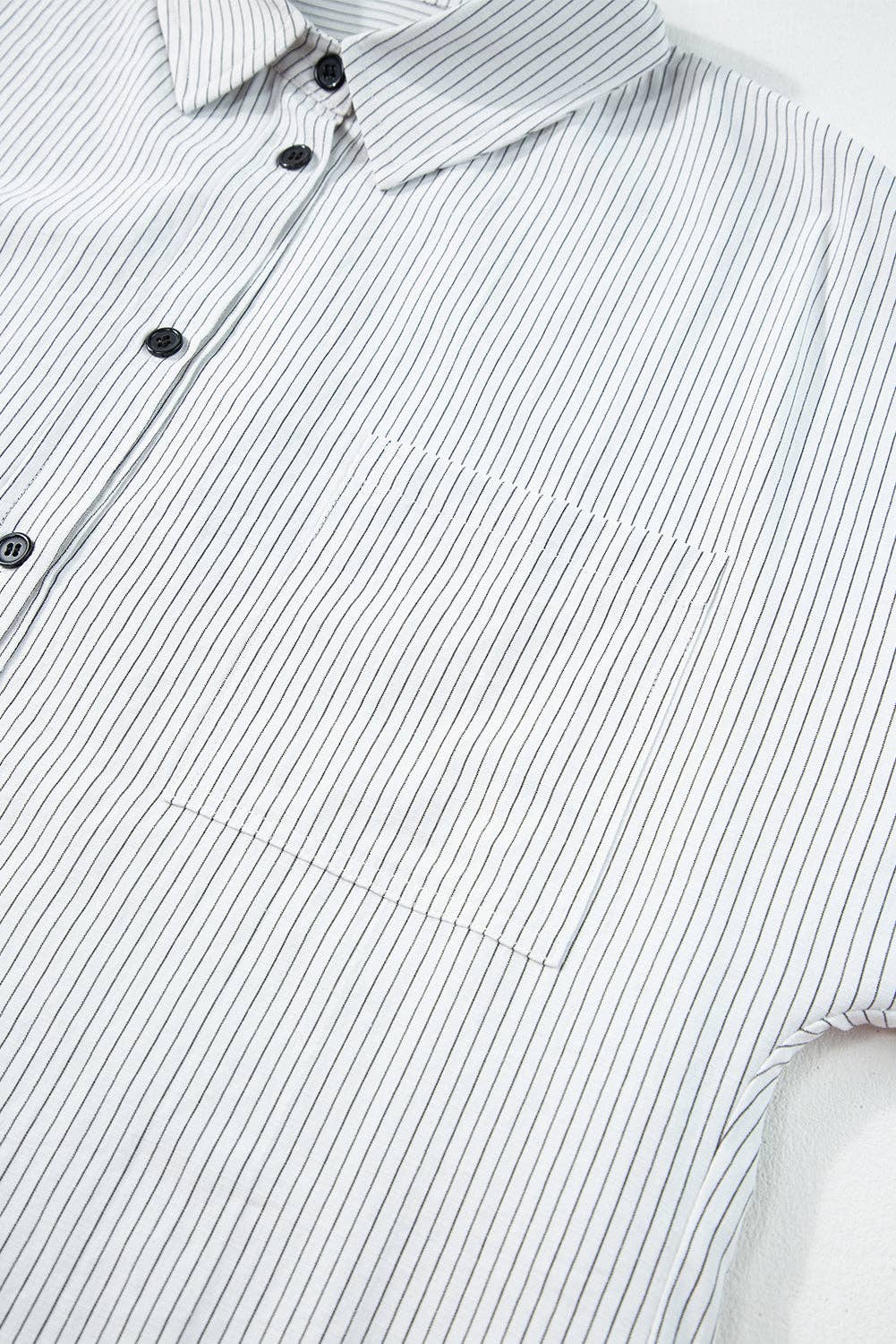 Lovesoft - Stripe Roll-tab Sleeve Pocketed Long Shirt: Black Stripe / 65%Polyester+35%Cotton / XL