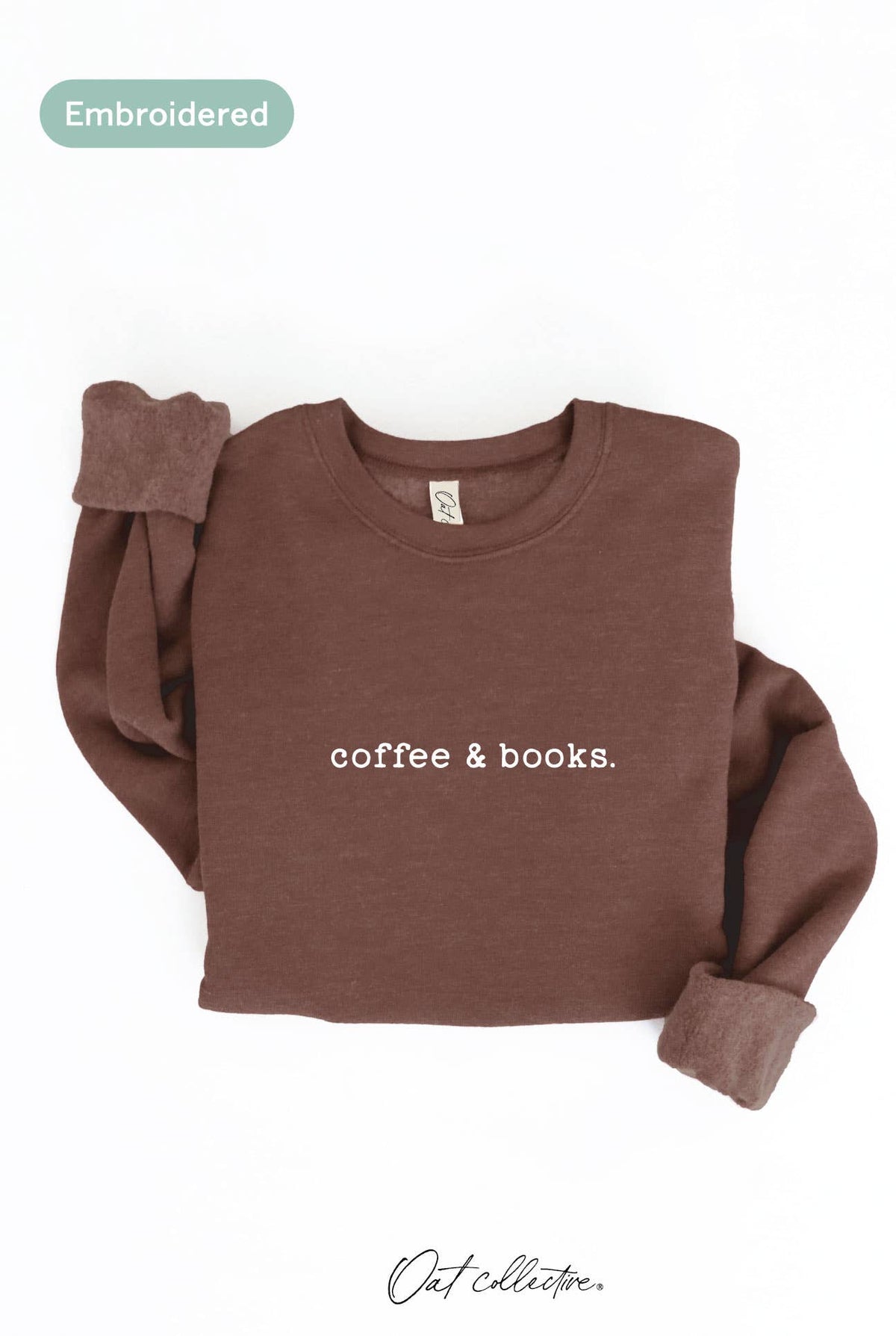 OAT COLLECTIVE - EMBROIDERED COFFEE AND BOOKS Sweatshirt Pullover Relaxed Fit: VINTAGE WHITE LONG SLEEVE / L
