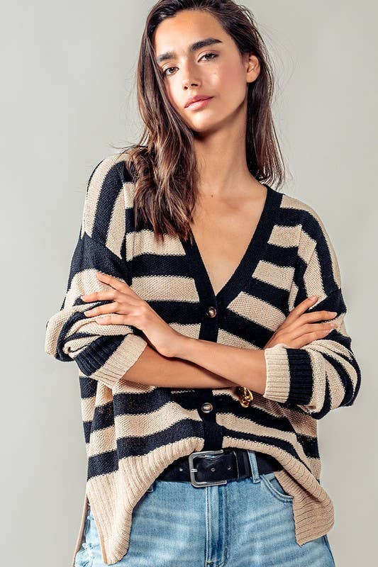 Cozy and Free Striped Cardigan: TAUPE/BLACK