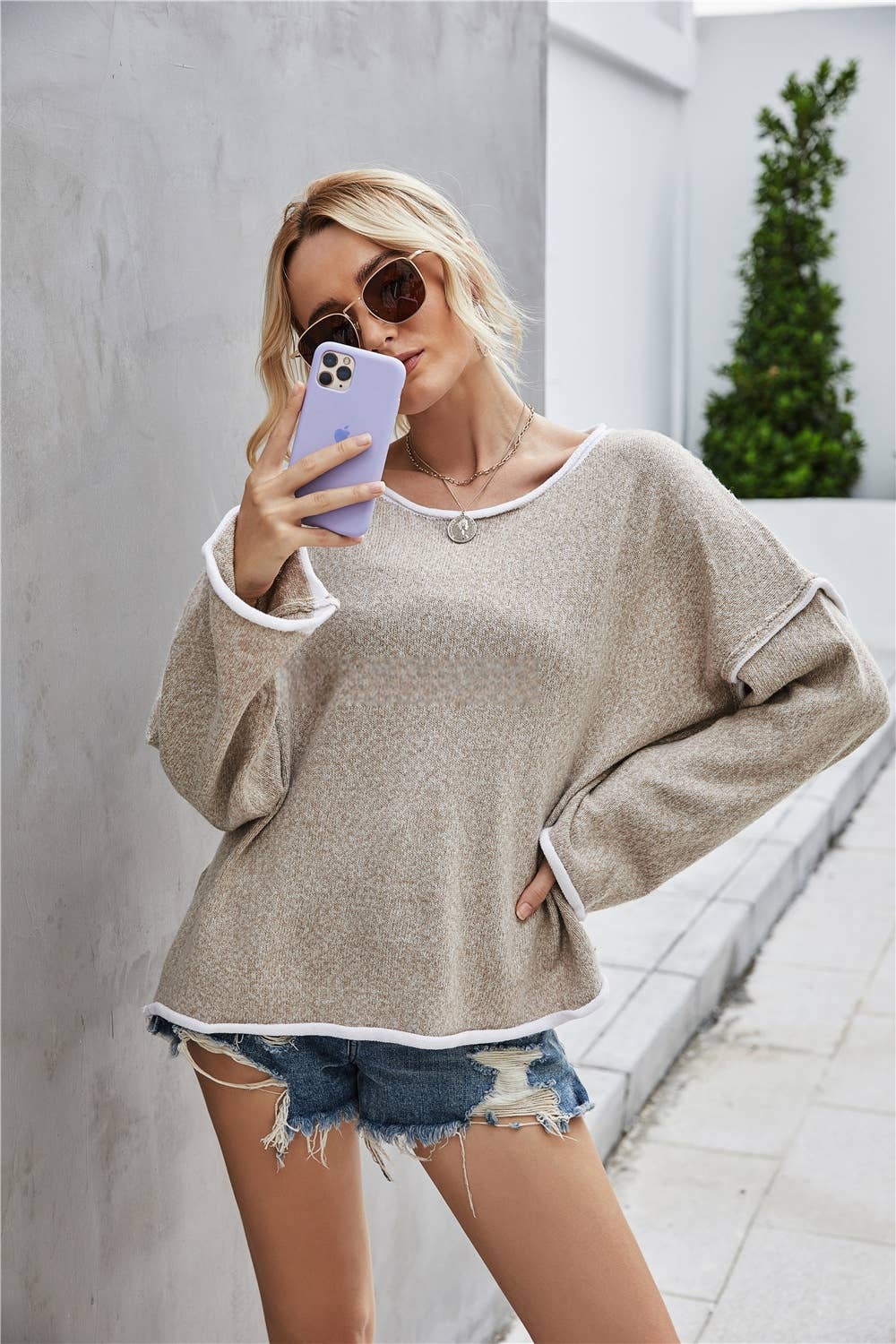 Casual Crew Neck Pullover Long Sleeve Sweater: GREY