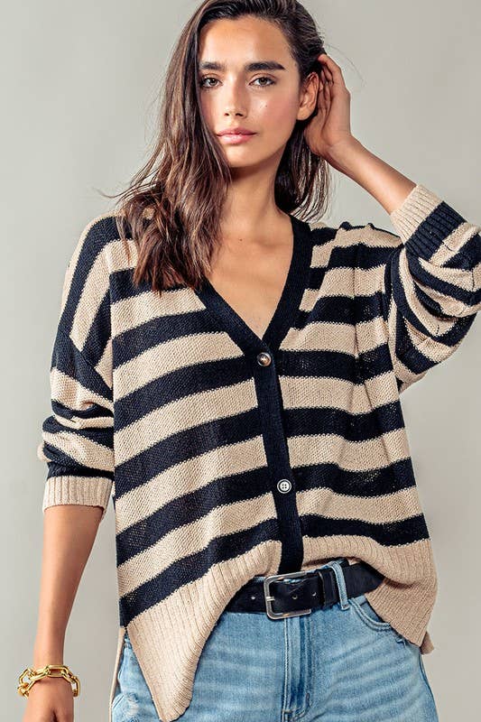 Cozy and Free Striped Cardigan: TAUPE/BLACK