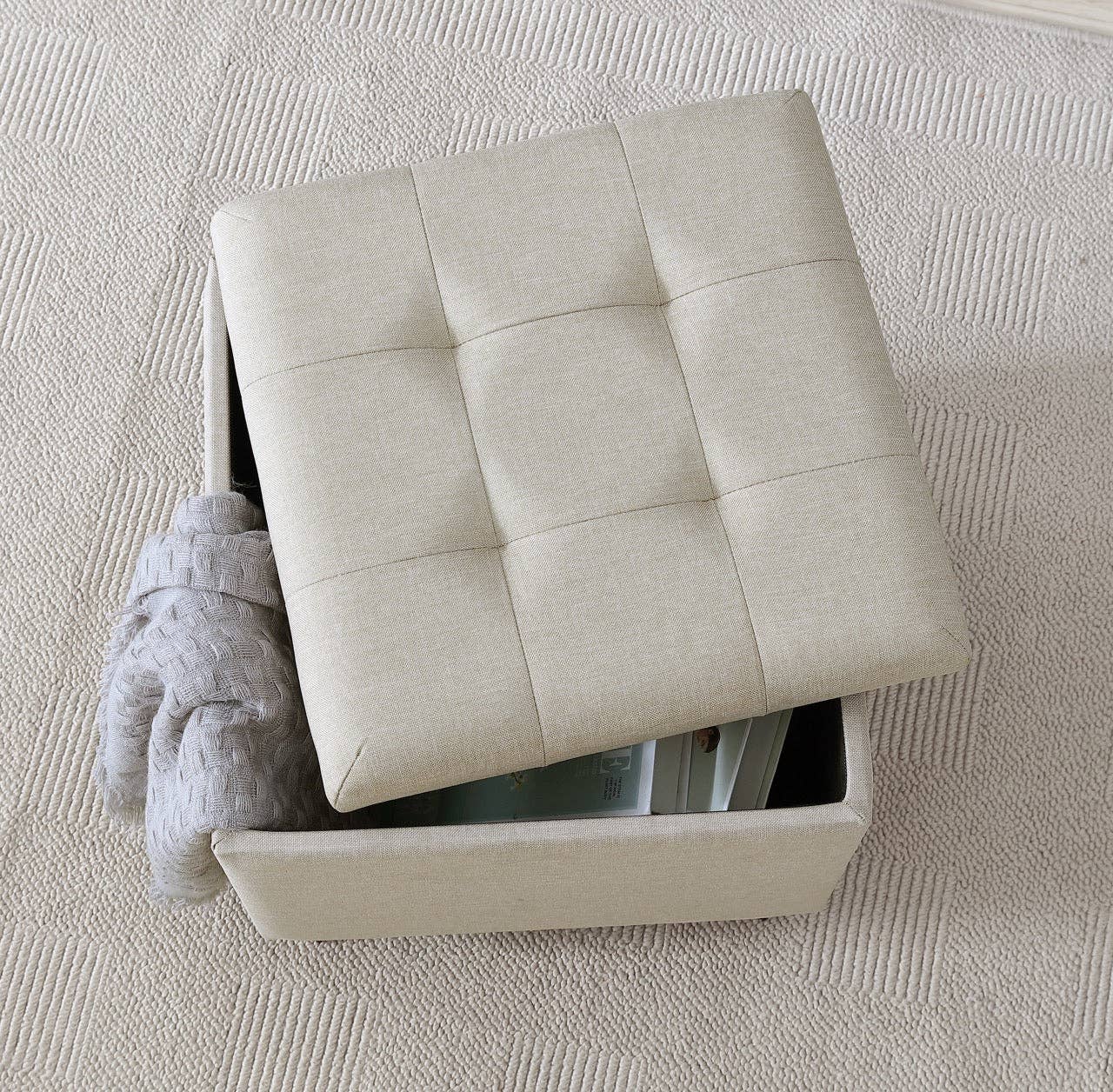 Tufted Square Storage Ottoman with Lift Off Lid: Linen Beige