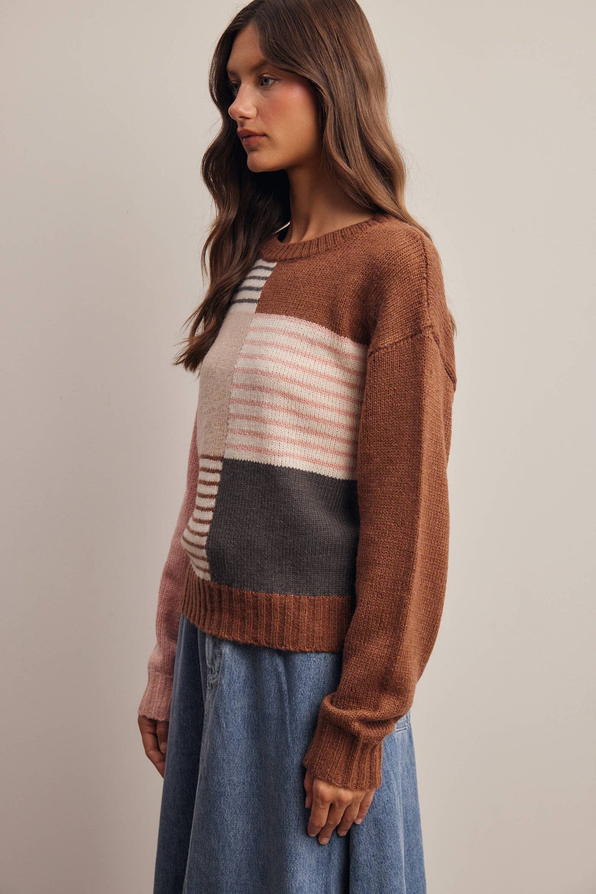 Forte - Colorblock Mixed Stripe Knit Sweater FSW0099: Blue Multi / Contemporary / S