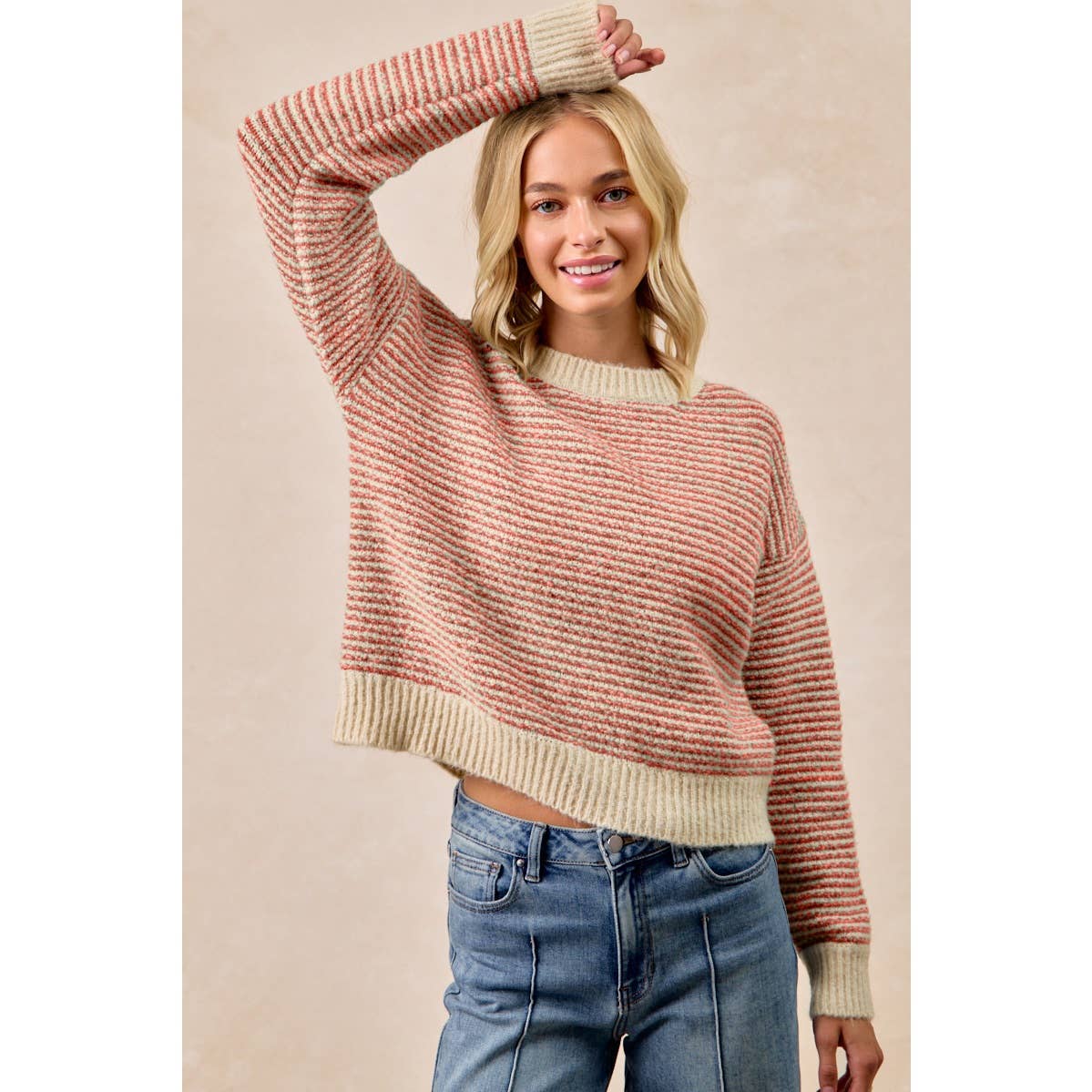 BiBi - TWO TONE STRIPED SWEATER TOP: CHARCOAL / L