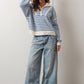 Creamon - Preppy Californian Half-zip Striped Sweater-BLUE: BLACK / S