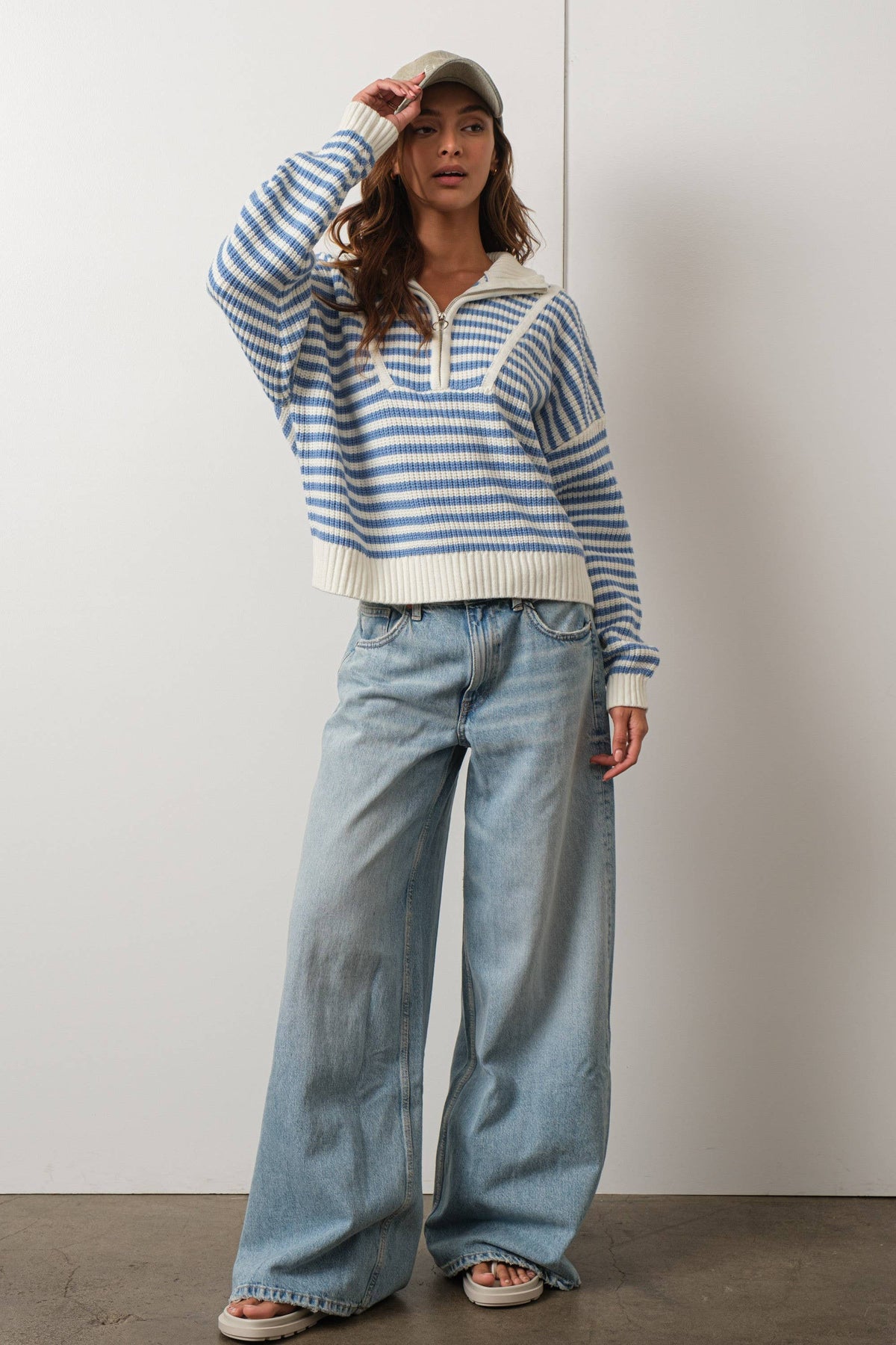 Creamon - Preppy Californian Half-zip Striped Sweater-BLUE: BLACK / M