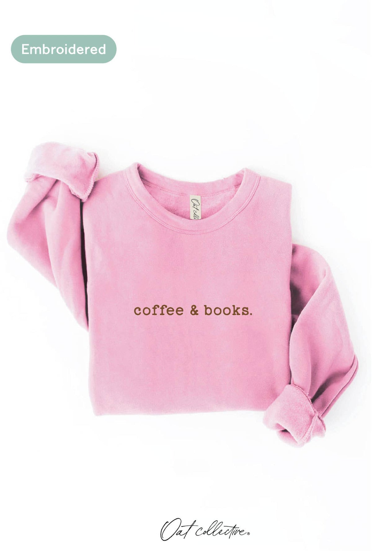 OAT COLLECTIVE - EMBROIDERED COFFEE AND BOOKS Sweatshirt Pullover Relaxed Fit: VINTAGE WHITE LONG SLEEVE / XL