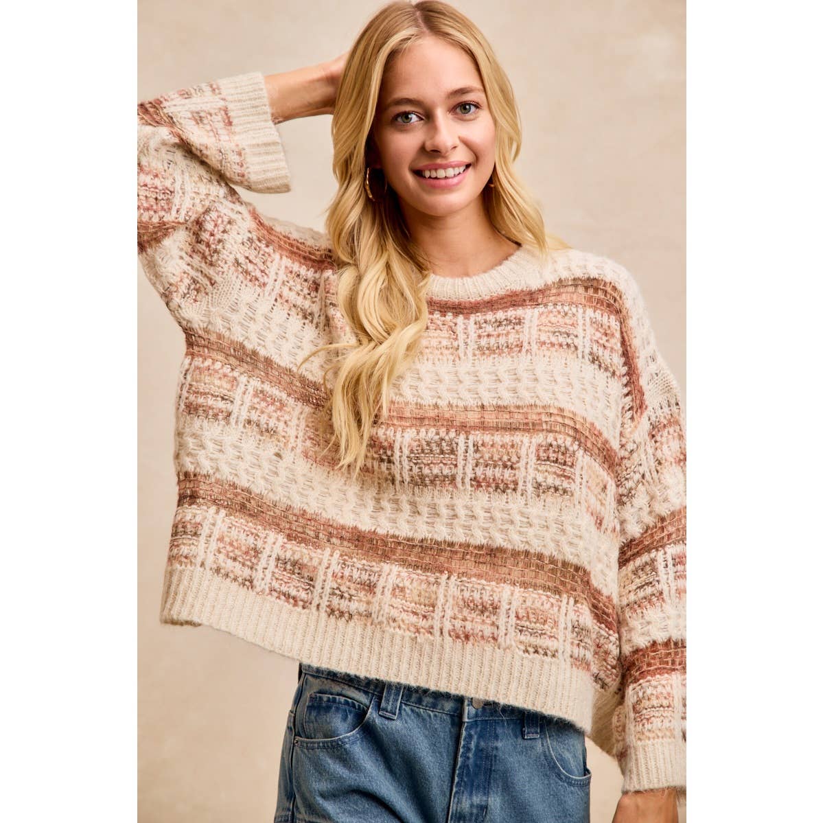 BiBi - VINTAGE SOFT CHECK PATTERN CHUNKY KNIT SWEATER: MOCHA MULTI / L