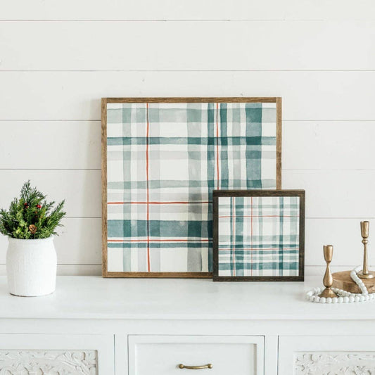 Plaid About You  Festive or Gray | Fine Art: Festive / Light Brown Frame / 24 inches x 24 inches