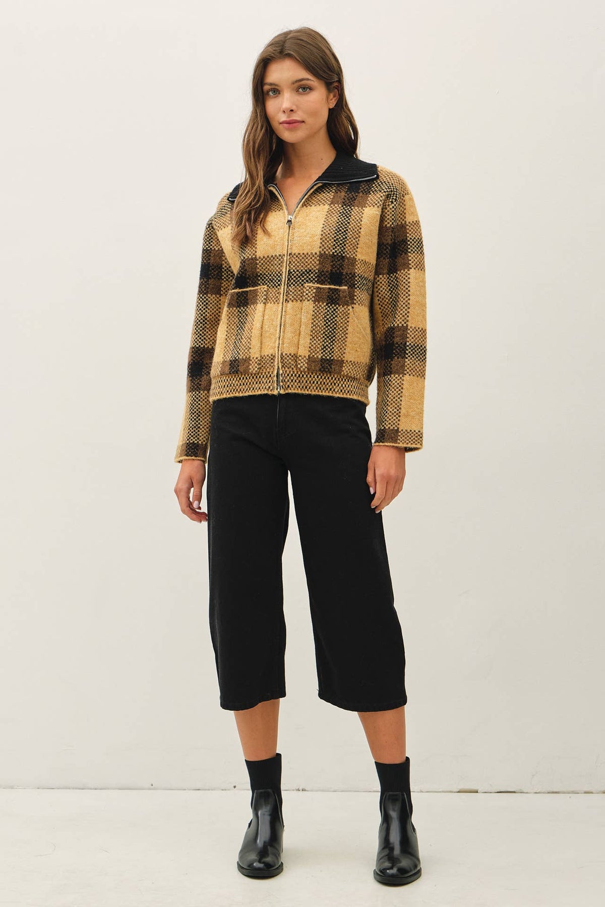 Be Cool - PLAID ZIP UP SWEATER JACKET : BLUE / M