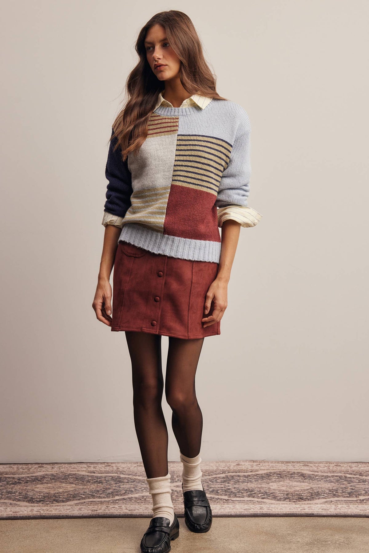 Forte - Colorblock Mixed Stripe Knit Sweater FSW0099: Blue Multi / Contemporary / L