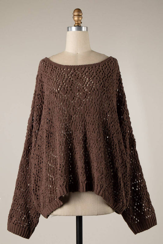 Boat Neck Open Cable Knit Chenille Sweater: Brown