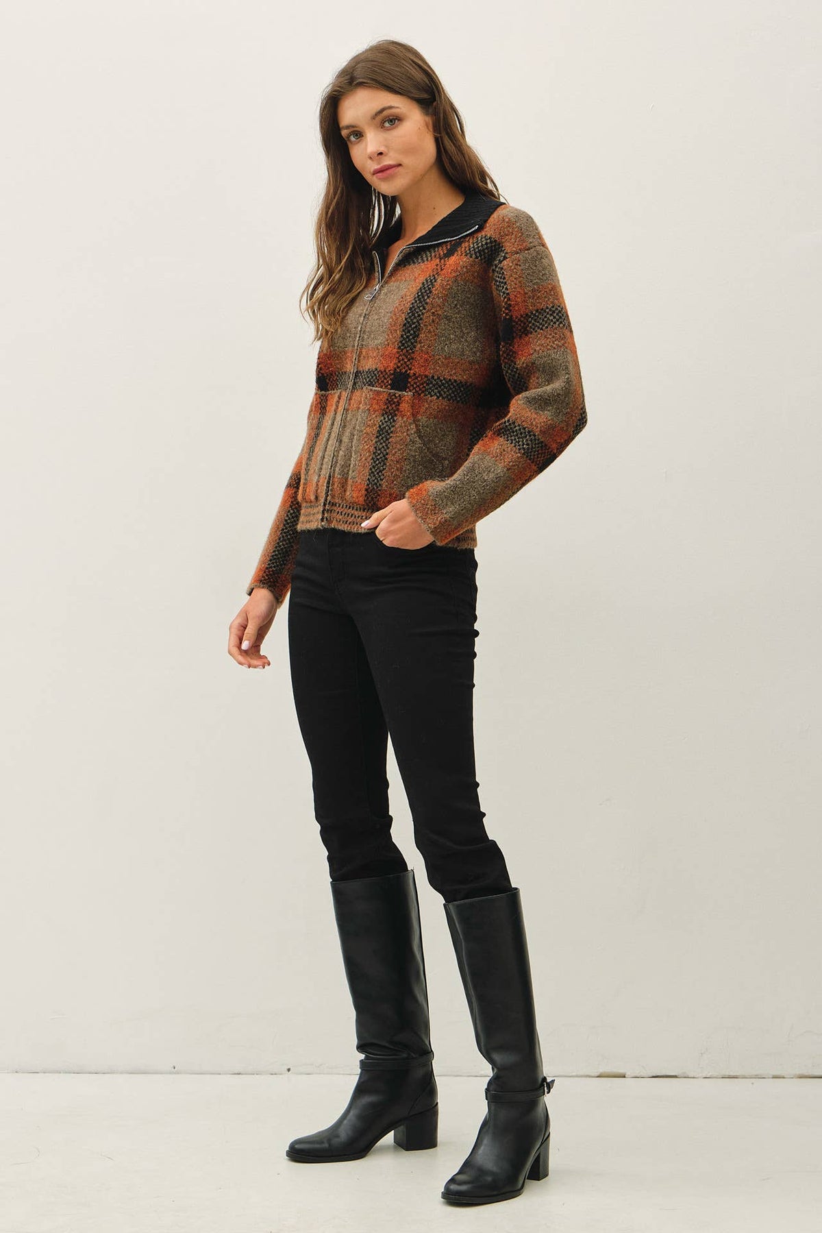 Be Cool - PLAID ZIP UP SWEATER JACKET : BLUE / S