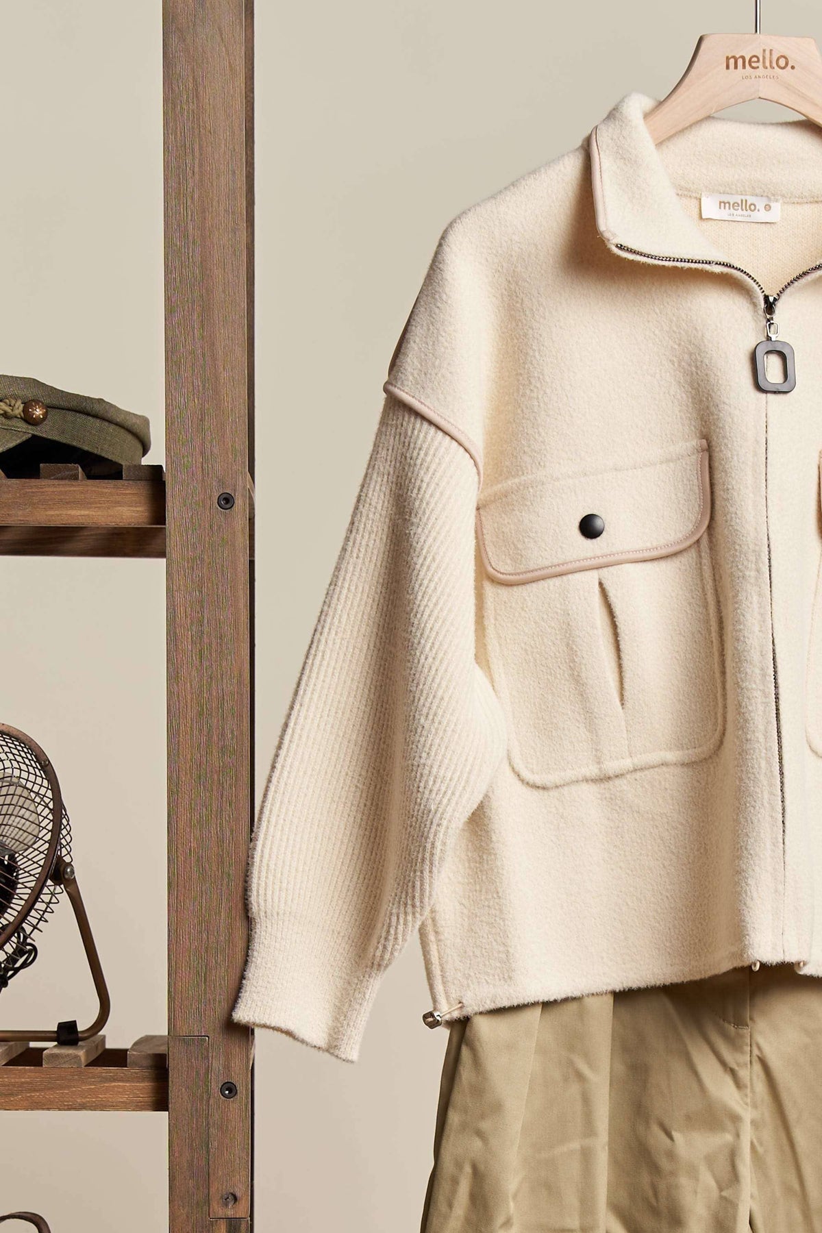 Mello. - Oversize Jacket with Knit Sleeve: Cream / ML