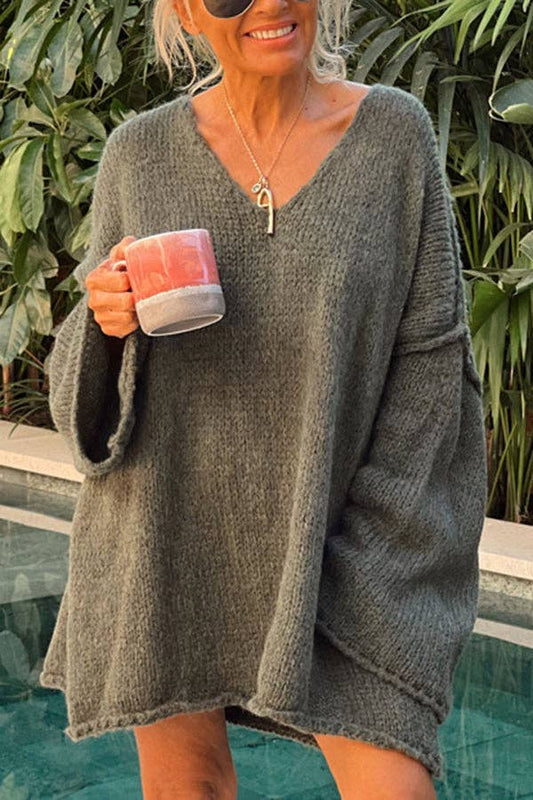 Rizz slouchy V-neck lare Sleeve Knit Sweater jumper: Moss