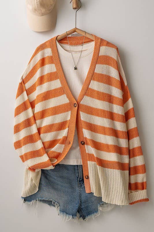 Cozy and Free Striped Cardigan: BURNT SIENNA/CREAM