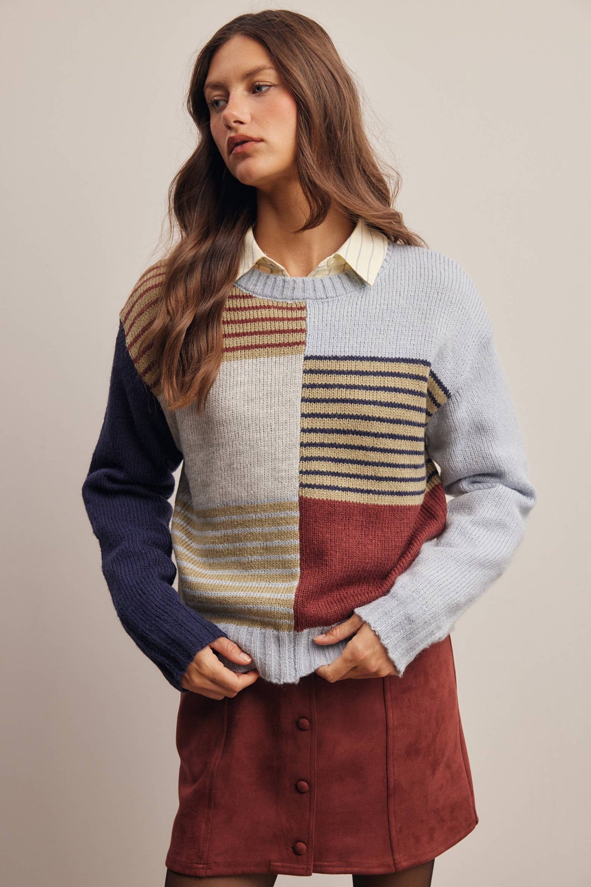 Forte - Colorblock Mixed Stripe Knit Sweater FSW0099: Blue Multi / Contemporary / L