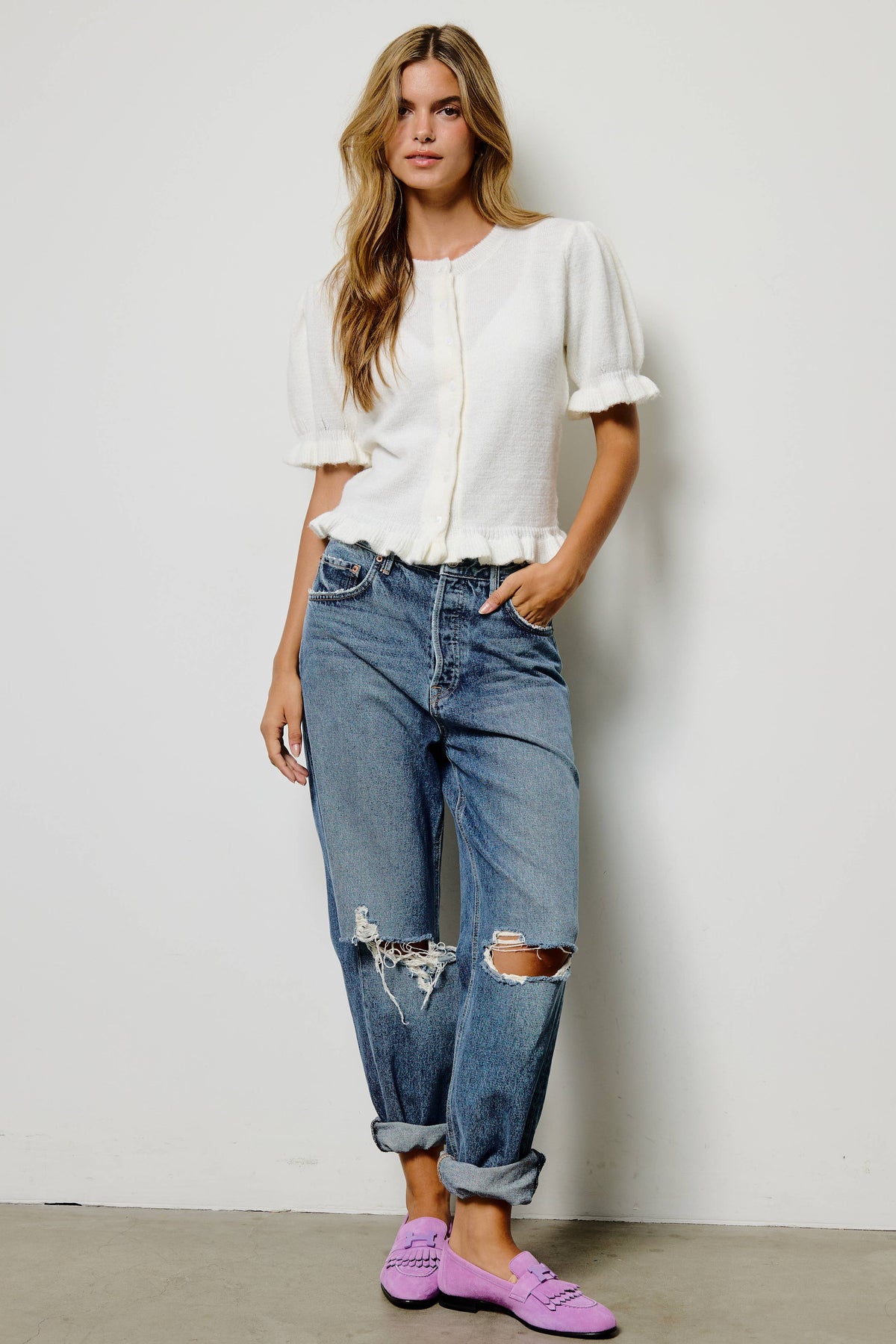 Mimosa - Puff Sleeve Ruffle Hem Knit Cardigan: Ivory / L
