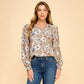 Les Amis - Floral Print Long Sleeve Blouse with Ruffled Neck: Mocha / M