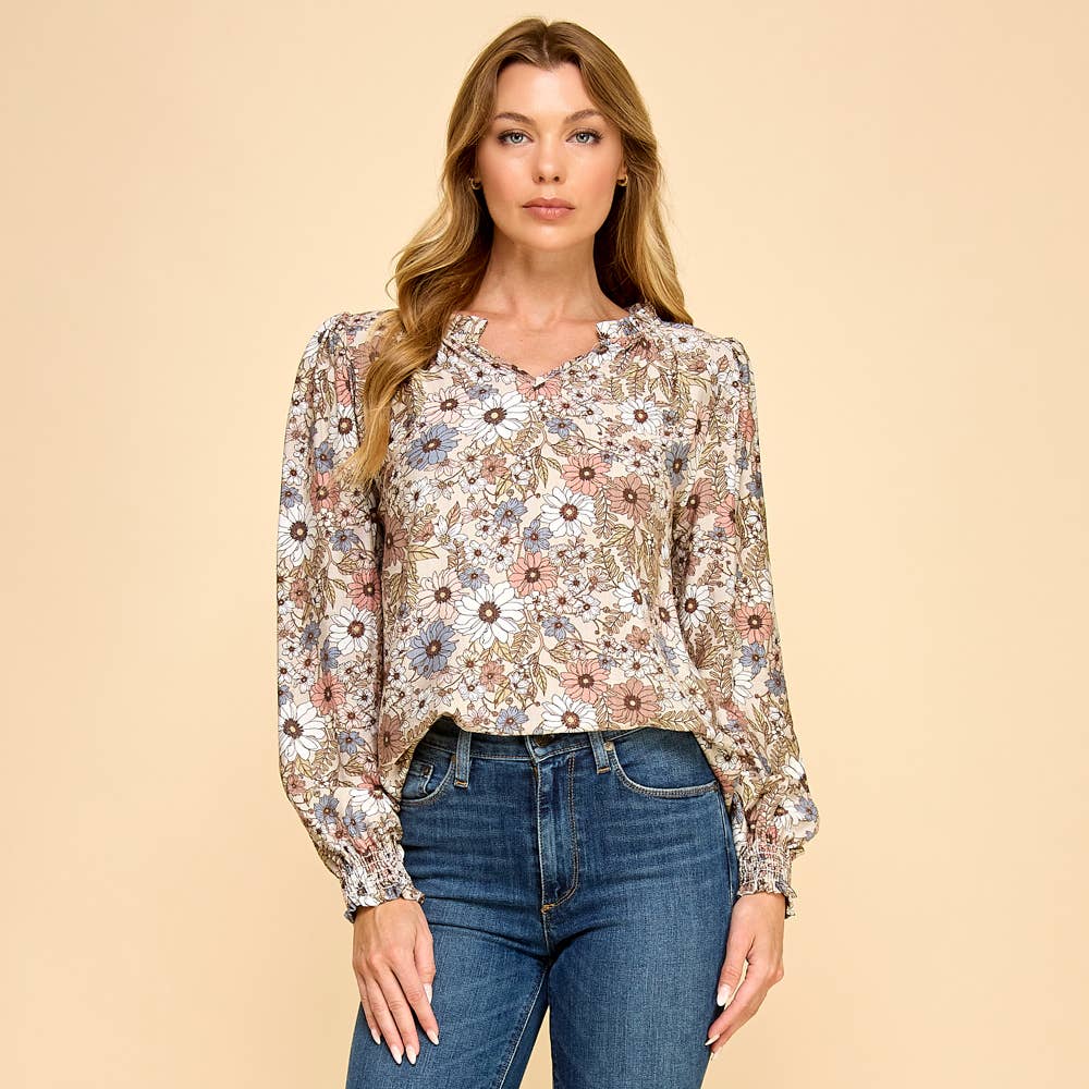 Les Amis - Floral Print Long Sleeve Blouse with Ruffled Neck: Mocha / S