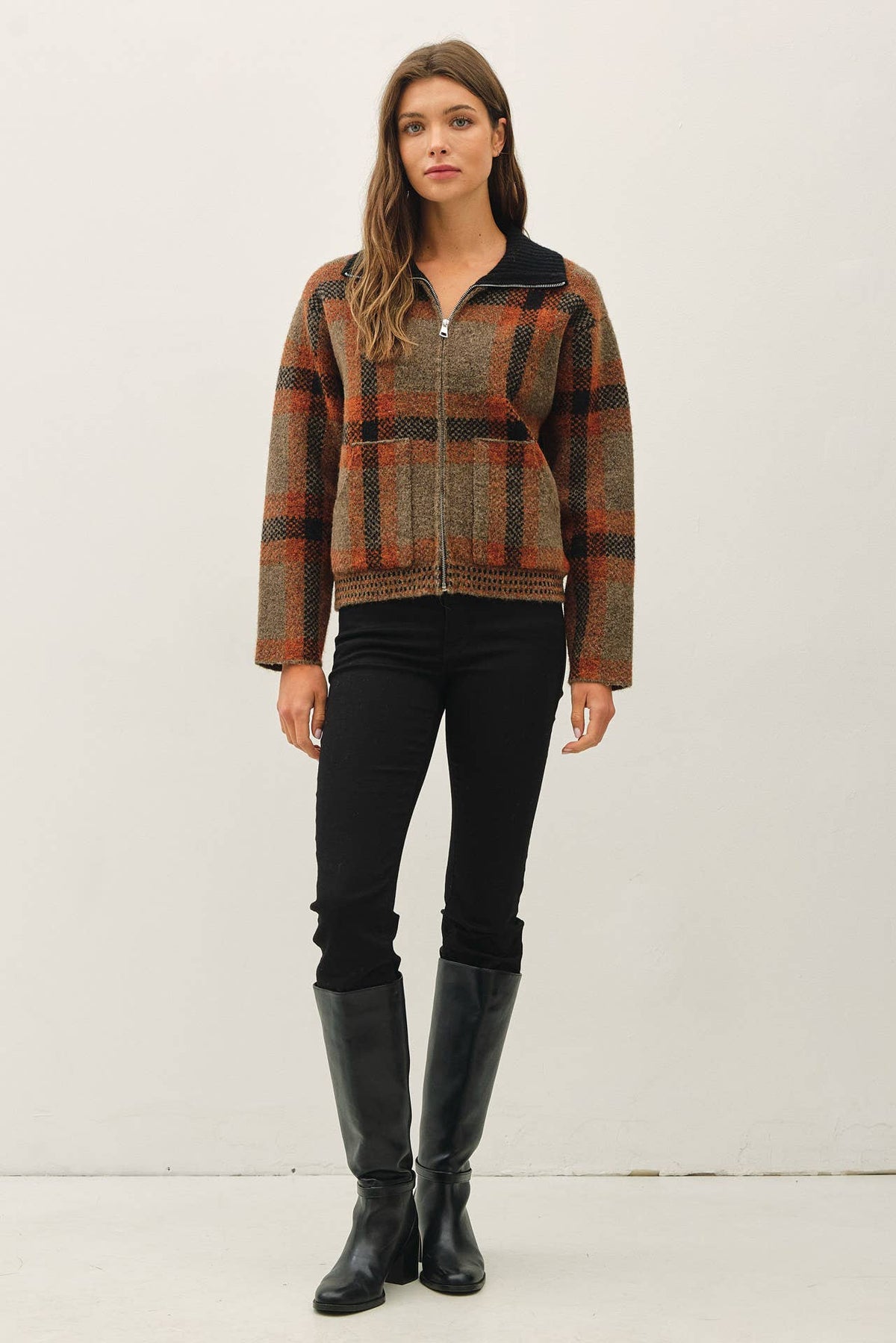 Be Cool - PLAID ZIP UP SWEATER JACKET : BLUE / S