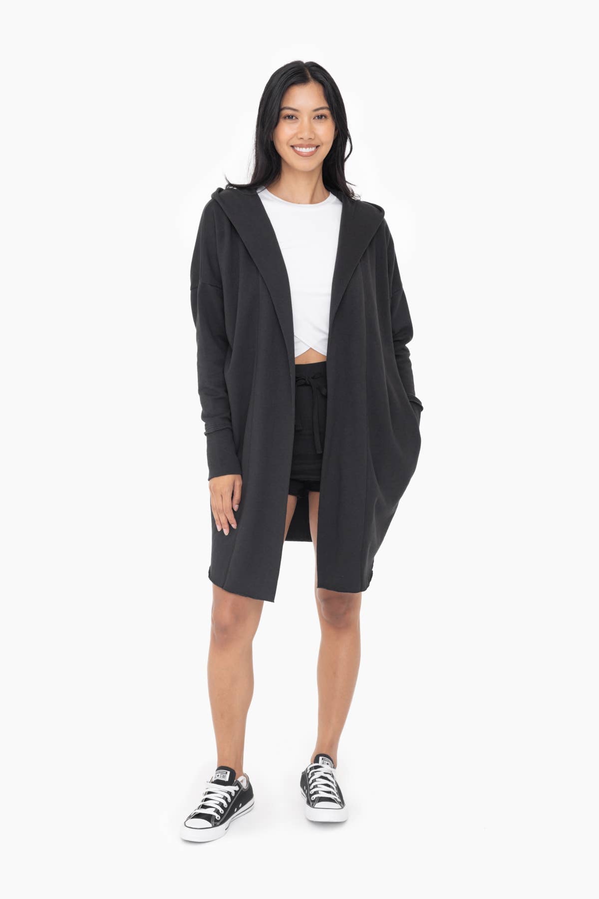 Open Front Longline Hoodie Cardigan: BLUE DEPTH