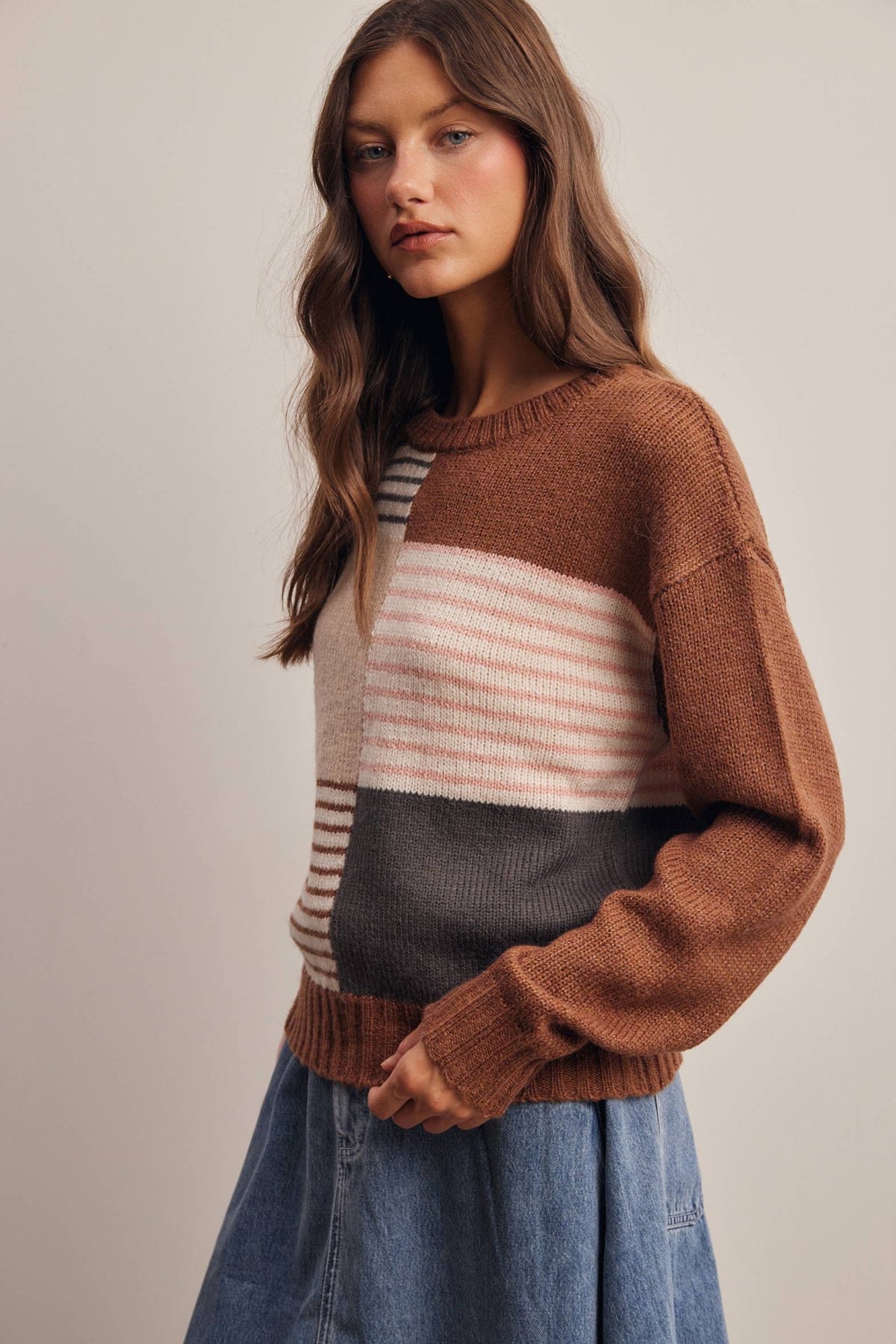 Forte - Colorblock Mixed Stripe Knit Sweater FSW0099: Blue Multi / Contemporary / L