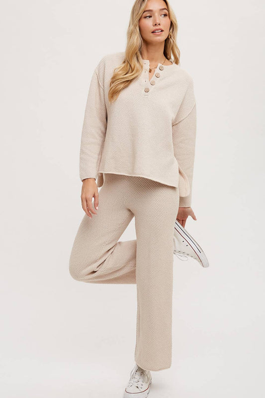 Textured Knit Top & Pant Set: OATMEAL