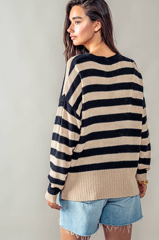 Cozy and Free Striped Cardigan: TAUPE/BLACK