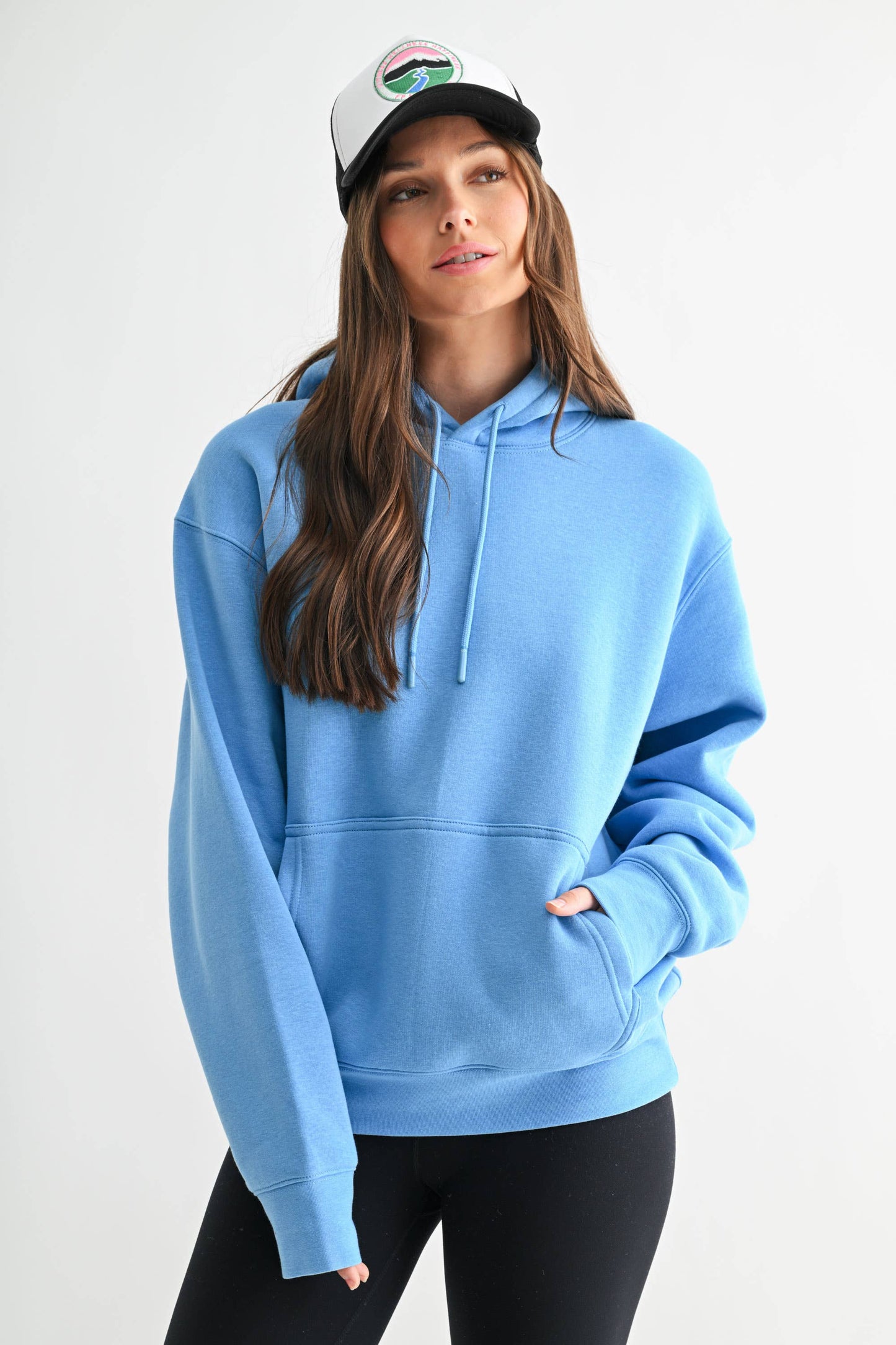 Cotton Blend Drop Shoulder Hoodie: HALOGEN BLUE