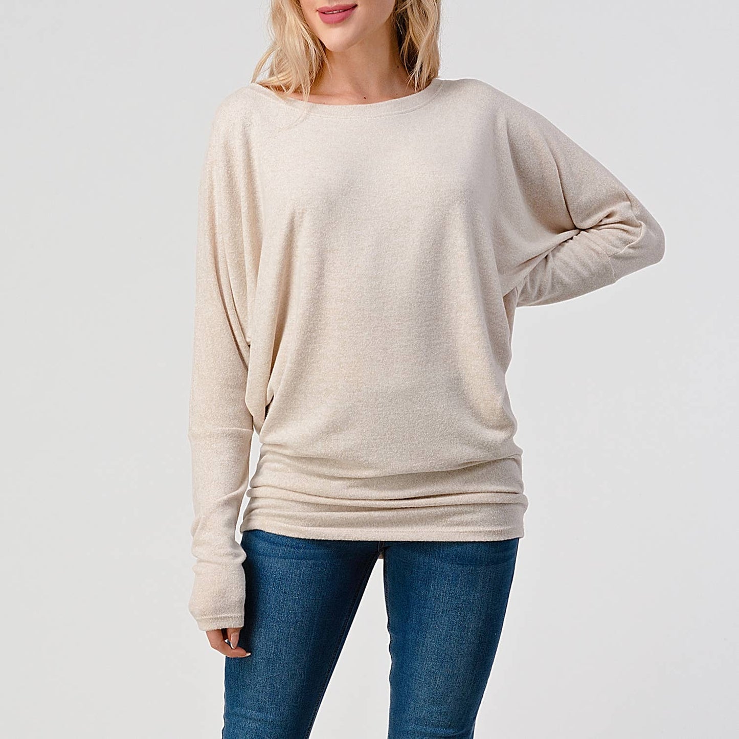 Heimious - Long Dolman Sleeve Round Neck Brushed Knit Top, 2739: Navy / S
