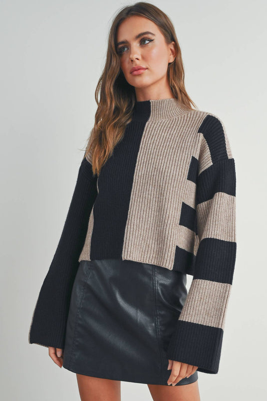 Color Block Mock Turtleneck Sweater-  BLACK / OAT