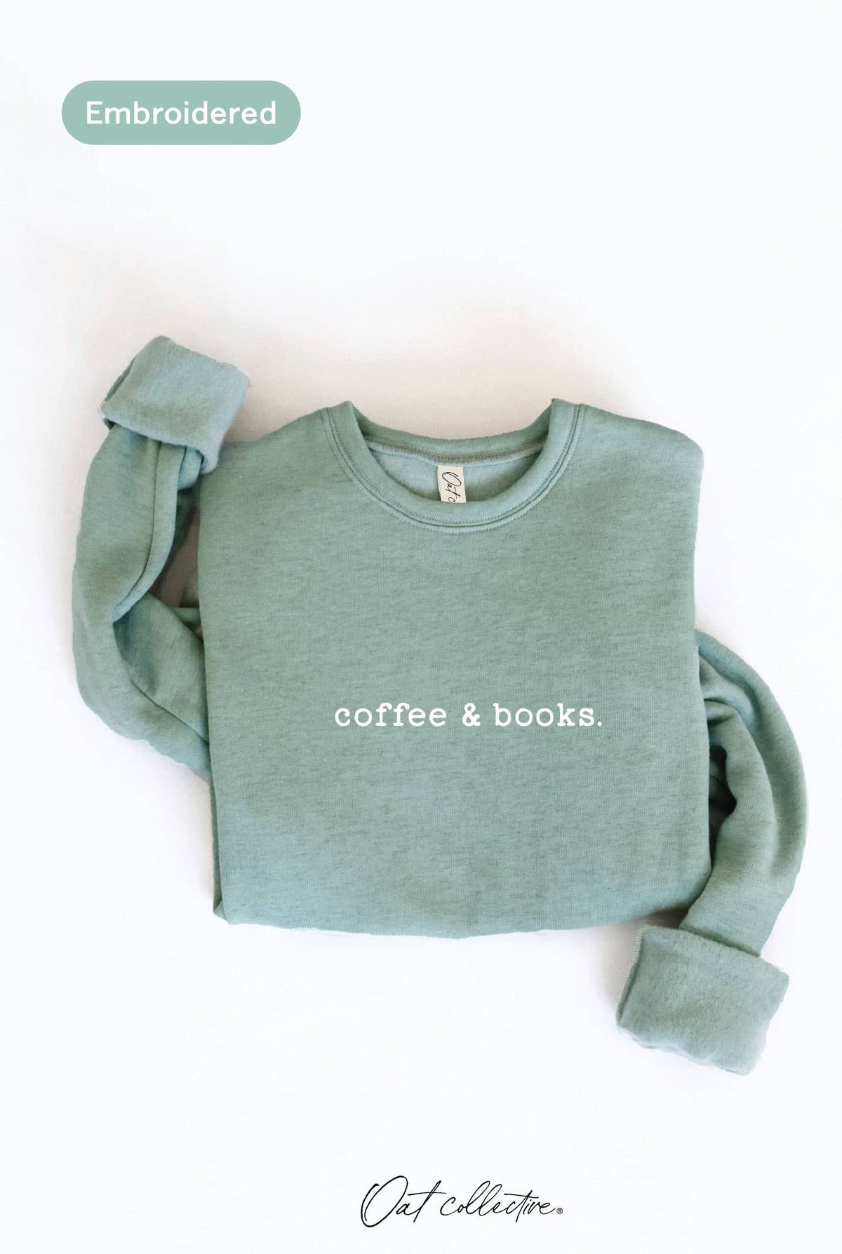 OAT COLLECTIVE - EMBROIDERED COFFEE AND BOOKS Sweatshirt Pullover Relaxed Fit: VINTAGE WHITE LONG SLEEVE / XL