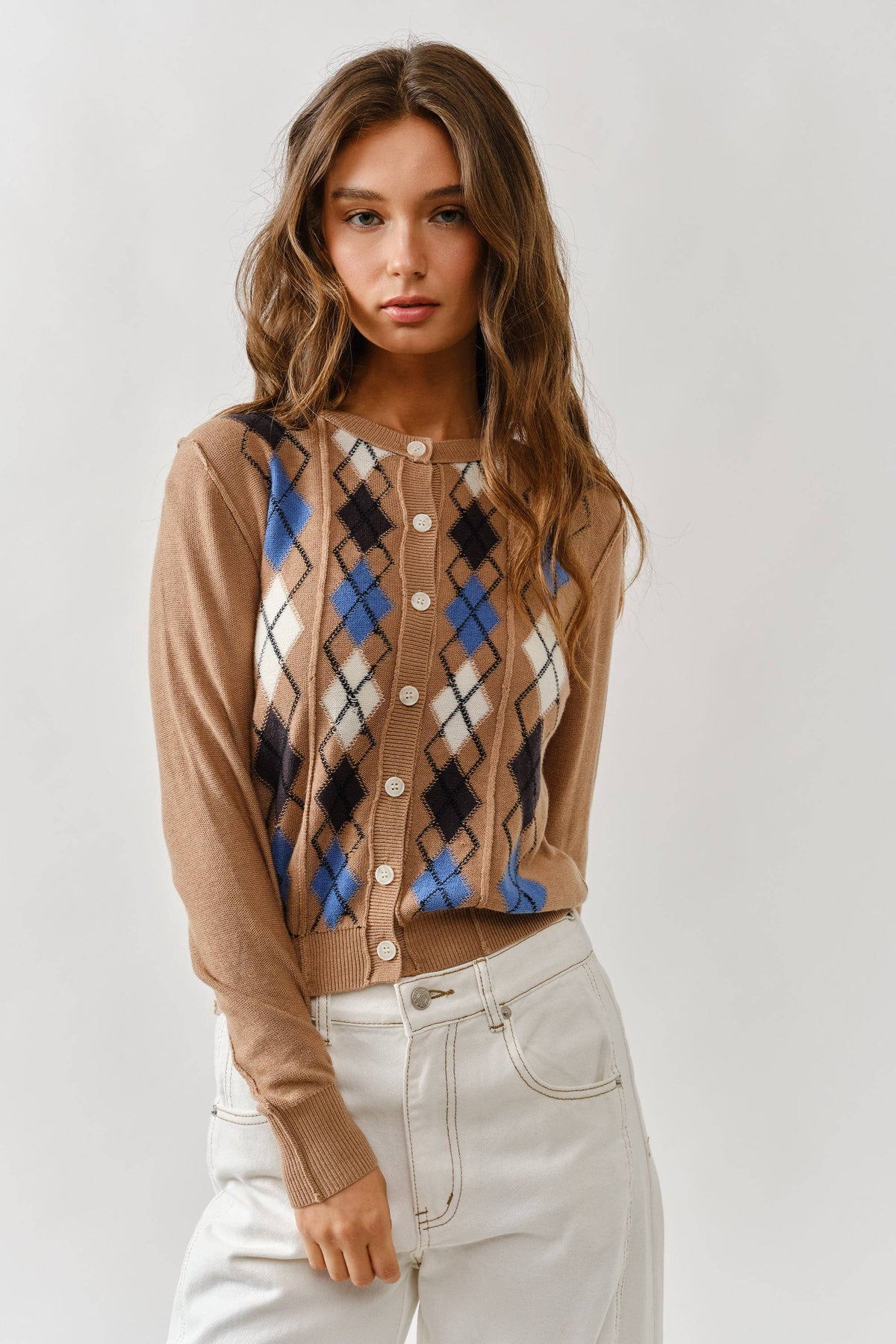Aaron & Amber - AJT5092 RELAXED FIT ARGYLE SWEATER CARDIGAN: TAUPE / L