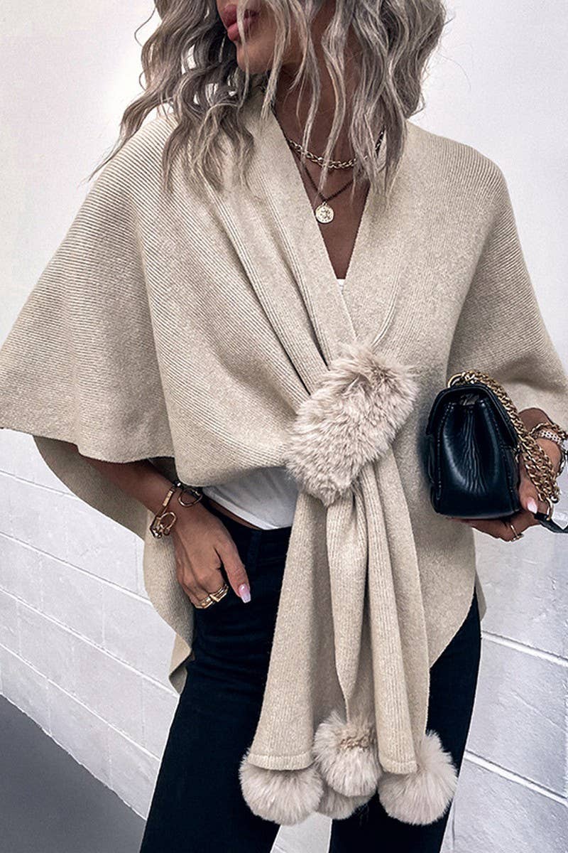 NINEXIS - CWOCAS0052_SOLID COLOR WOOL BALL CAPE KNITTED SHAWL: BLACK / (OS) 1