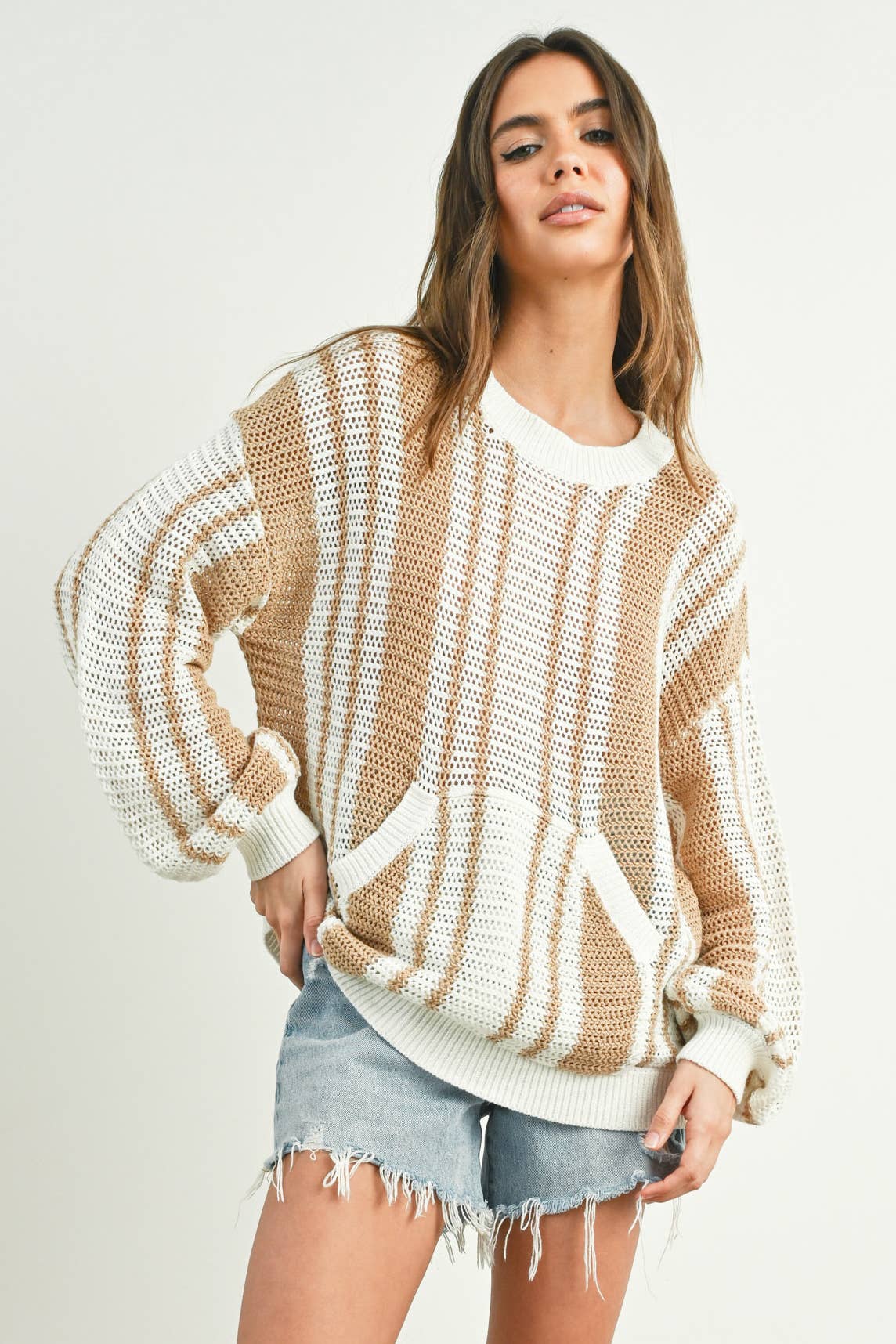 Drop Shoulder Striped Pattern Sweater: IVORY / NAVY