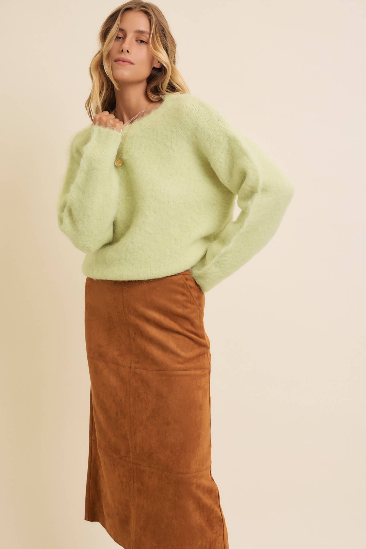 Fluffy Brushed Long-sleeved Round Neck Sweate: SAGE