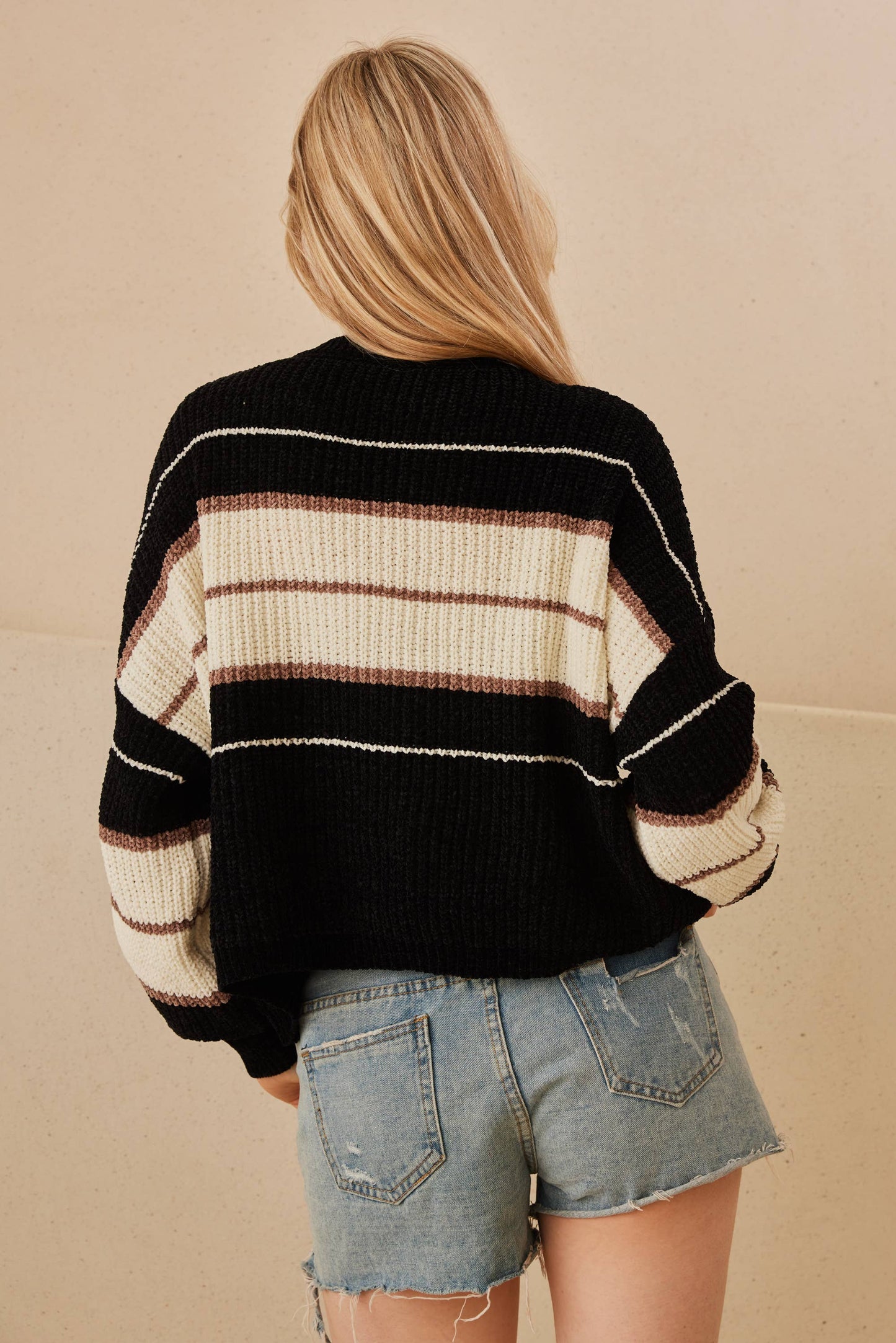 Round Neck Color Blocked Sweater with Stripes