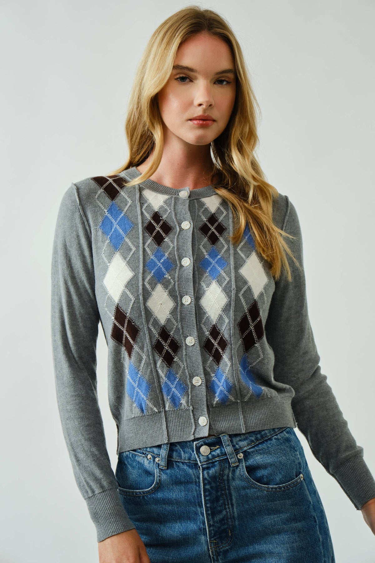Aaron & Amber - AJT5092 RELAXED FIT ARGYLE SWEATER CARDIGAN: TAUPE / L
