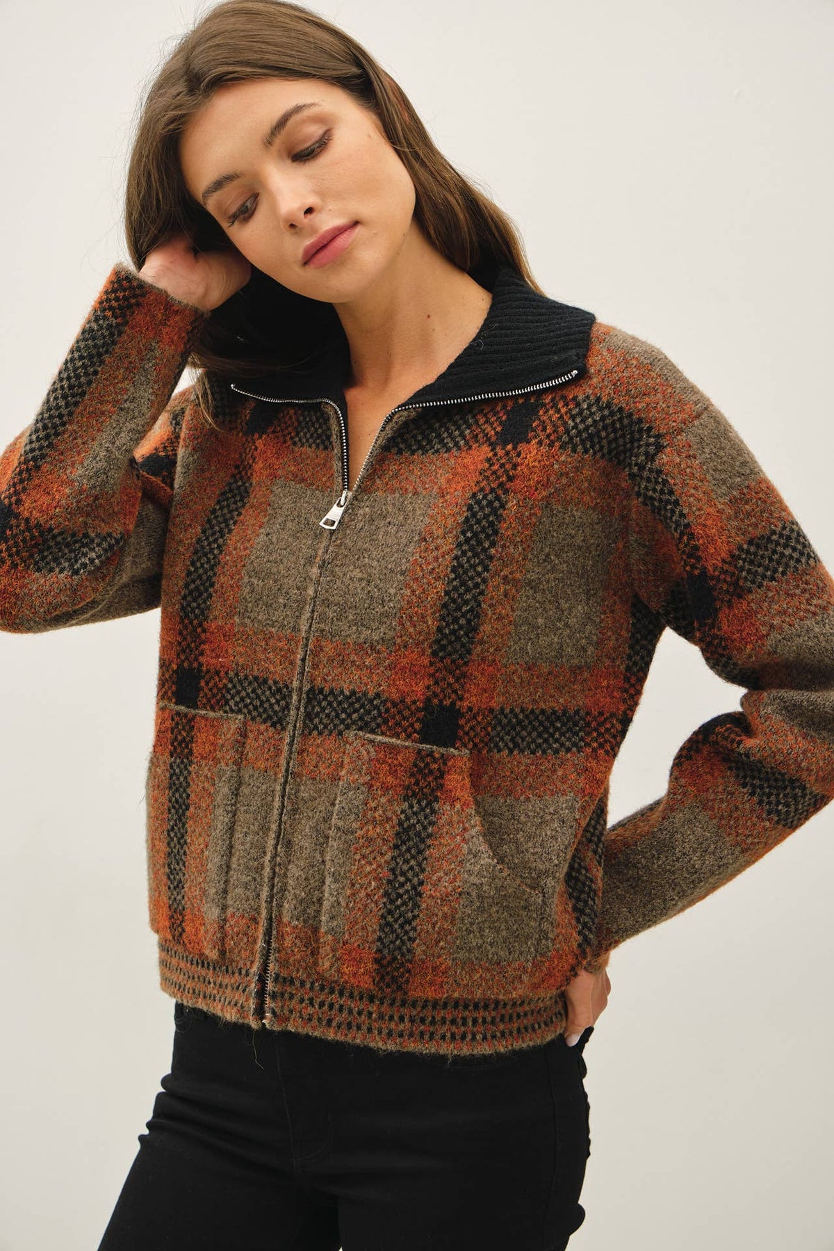 Be Cool - PLAID ZIP UP SWEATER JACKET : BLUE / L