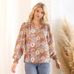 Les Amis - Floral Print Long Sleeve Blouse with Ruffled Neck: Mocha / M