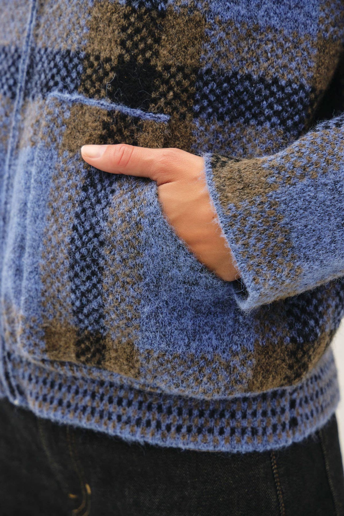Be Cool - PLAID ZIP UP SWEATER JACKET : BLUE / M