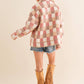 Checkered Teddy Chest Pocket Oversized Jacket: PINK