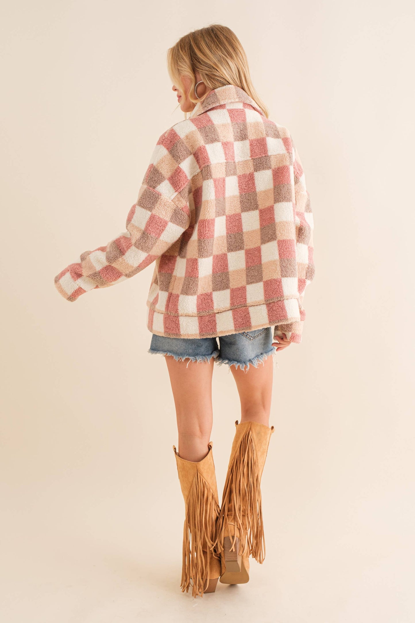 Checkered Teddy Chest Pocket Oversized Jacket: PINK