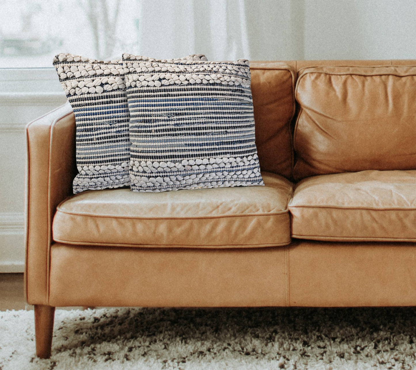 Blue/Ivory Stripe Cotton Blend Throw Pillow