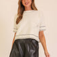 Lumiere - Contrast Stitch Soft Knit Short Sleeve Sweater Top: Cream/Black / M