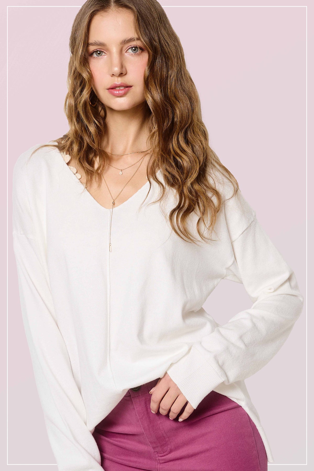 La Miel - JBS3122-V-neck Long Sleeve Lightweight Knit Top Christmas: Apple Green / M