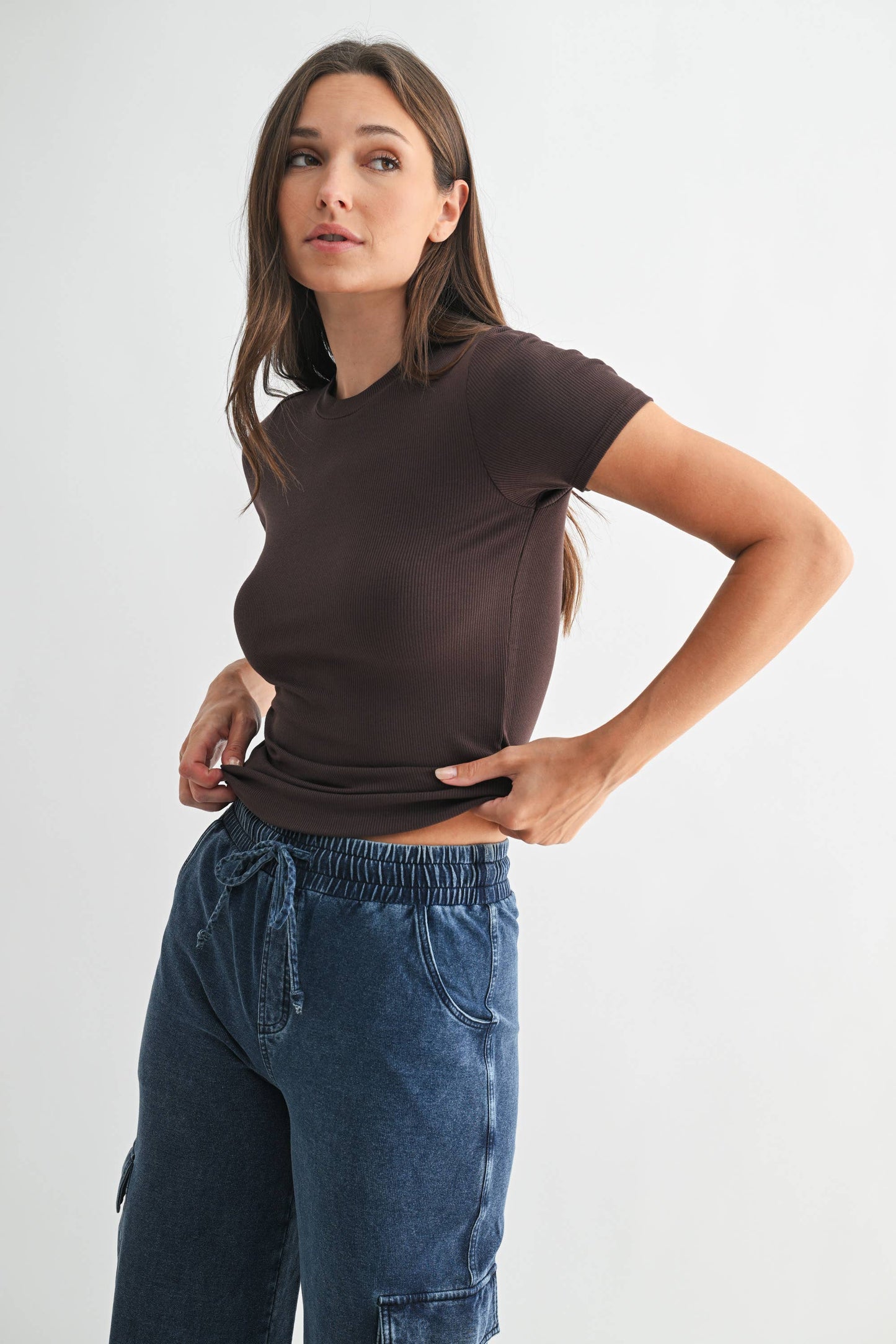 Mono B - Essential Short-Sleeved Micro-Ribbed Athleisure Top: DEEP FOREST / S:M:L (2:2:2)