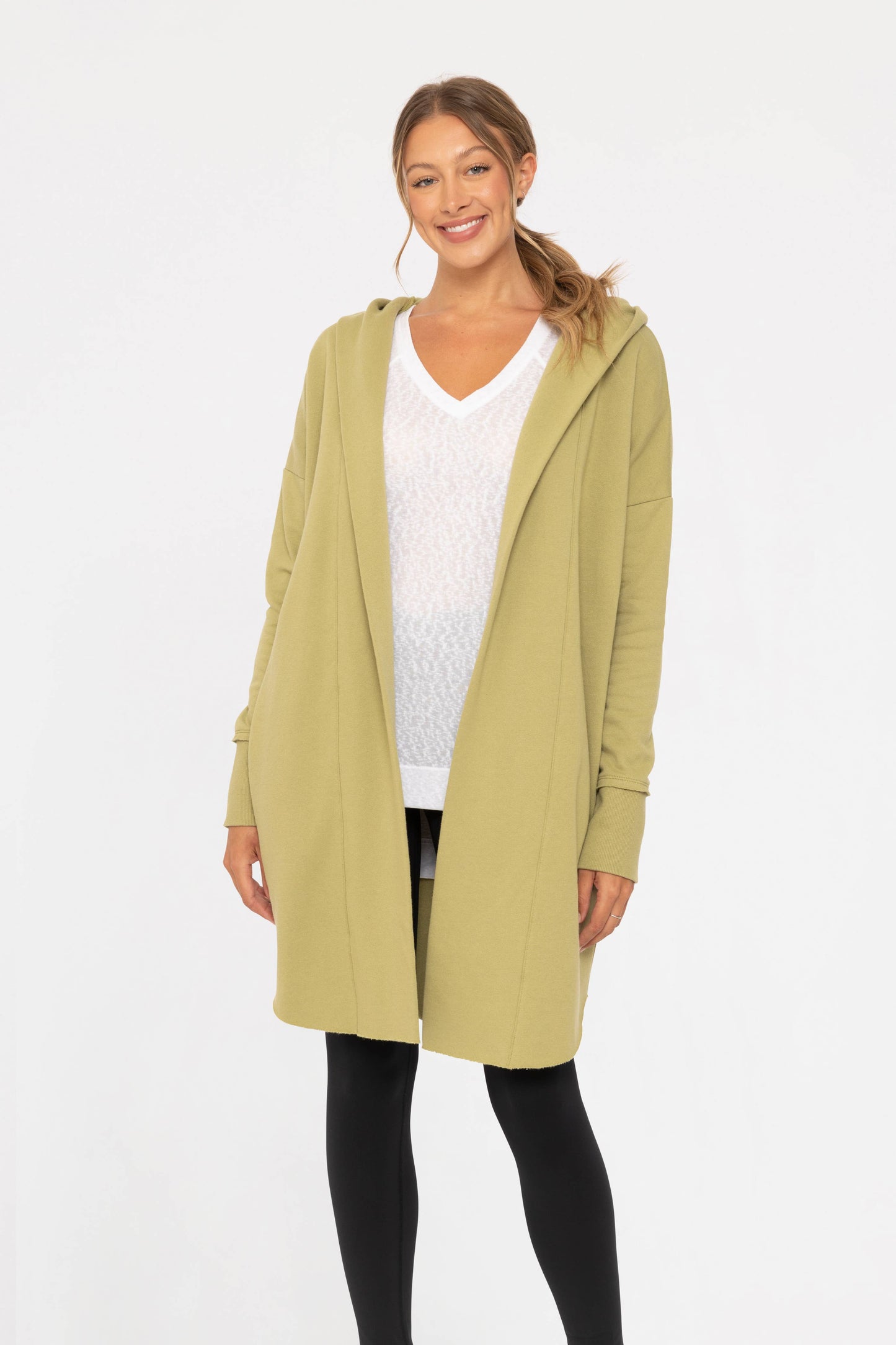 Open Front Longline Hoodie Cardigan: NATURAL